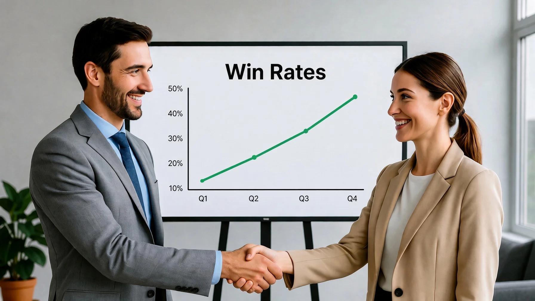 Two sales professionals shaking hands in front of a win rates chart